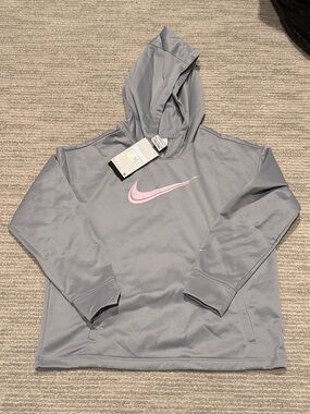 Nike Girls Medium Gray Hoodie with Pink Swoosh and Front Pocket